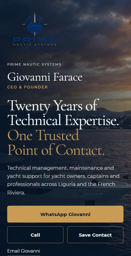 Digital Business Card Prime Nautic Systems visualizzata su smartphone